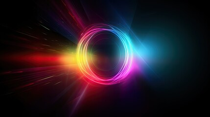 Colorful abstract light rings lens flare. Shining neon burst of glowing solar eclipse.