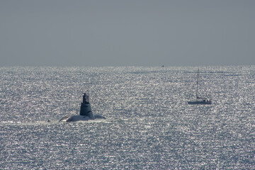 Royal Navy Submarine within the breakwater area of Plymouth Sound Devon England