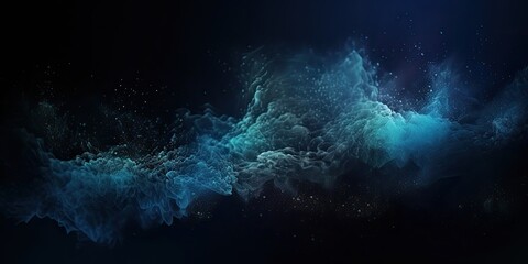 Colorful abstract smoke explosion on dark background. Steam and fog in colorful fantasy teal blue texture design. 