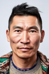 Obraz premium Portrait of Kazakh adult man over white background studio shot. Generative AI vertical