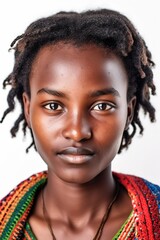 Head shot portrait of young Maasai woman over white background. Generative AI vertical shot