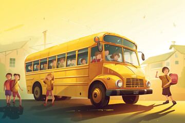 Naklejka na ściany i meble illustration of a yellow school bus with children. back to school concept. Ai generative