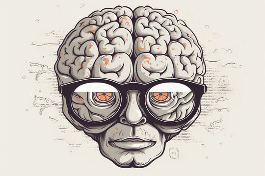 fany brain with face,glasses and mouth illustration cartoon. Ai generative