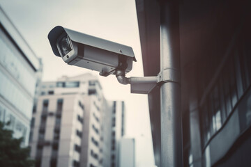  Modern public CCTV camera on electric pole with blur  Generative AI