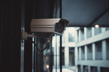  Modern public CCTV camera on wall with blur building  Generative AI