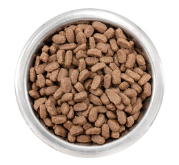Metal bowl with dog food on a white background. View from above. Food for dogs and cats