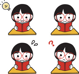 本を読む女の子のイラストセット