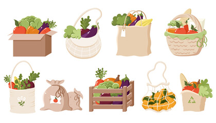 Farm organic fruit and vegetables in reusable paper packages, textile bag, basket, wooden box. Eco friendly shopping. Reduce and recycle. Sustainability concept. Colourful cartoon vector illustration.