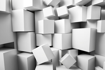 Chaotic white cubes in empty space. Futuristic background design