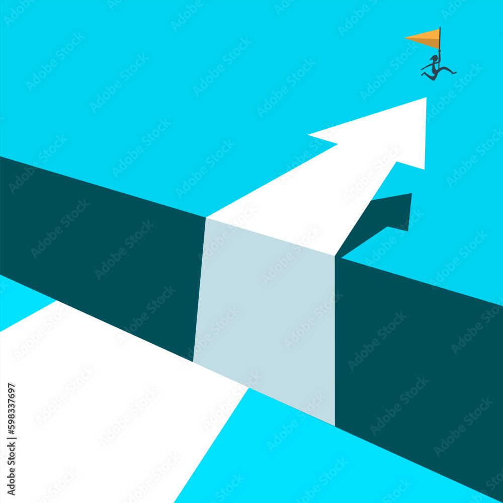 Poster leap - jump over chasm - challenge symbol with man holding flag - vector