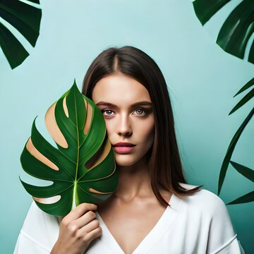 Natural beauty enhanced by lush greenery - a close up of a young woman's face framed by a vibrant monstera leaf. Generated by AI