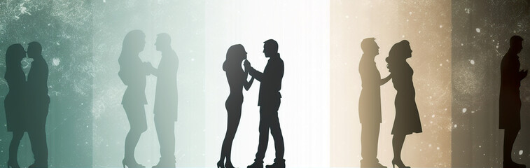 Representation of love, romance and wedding. For invitation, greeting card, background or banner use. Their silhouettes create a symbol of love in a beautiful, artistic way. AI generated illustration.