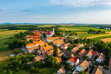 Aerial view about Palkonya which is a one-street village located at the northeastern end of the Villany Mountains, Winecountry. Famous about mostly small and medium-sized family wineries.