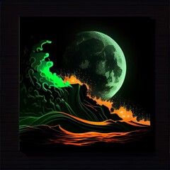 Orange and white silhouette of waves crashing on the beach. There is big green moon. Generative AI.