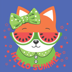 Fox girl face with watermelon sunglasses on dark background, Hello Summer slogan text for t-shirt graphics, fashion prints and other uses