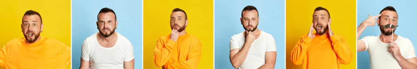 Collage made of portraits of bearded young man in casual clothes posing against blue and yellow studio background, expressing diverse emotions. Cpncept of lifestyle, facial expression, situations