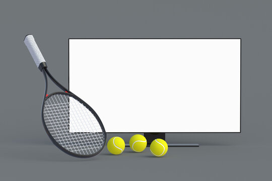 Tennis racquet and ball near tv with white isolated screen. Sports broadcast of the tournament. Online stream. Leisure and entertainment. 3d render © OlekStock