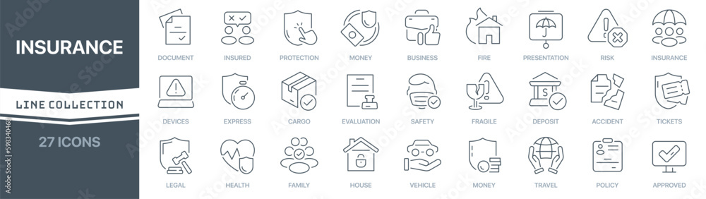 Poster insurance linear signed icon collection. signed thin line icons collection. set of insurance simple 