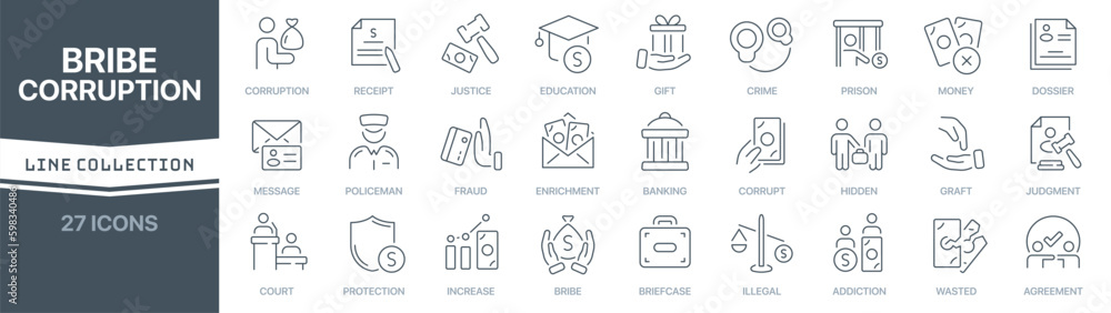 Aufkleber Bribe and corruption linear signed icon collection. Signed thin line icons collection. Set of bribe and corruption simple outline icons