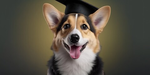 Happy Corgi wearing graduation cap and gown. Finish School. Generative AI