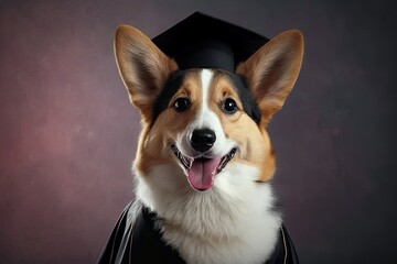 Obraz premium Happy Corgi wearing graduation cap and gown. Finish School. Generative AI