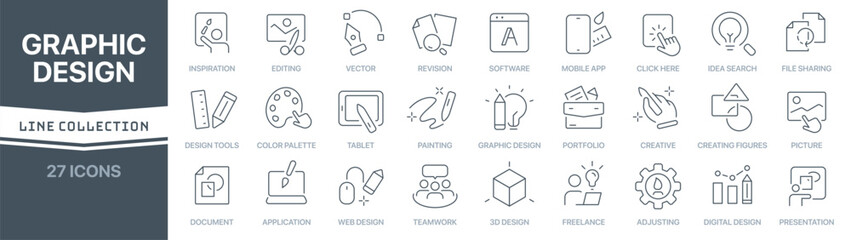 Graphic design linear signed icon collection. Signed thin line icons collection. Set of graphic design simple outline icons
