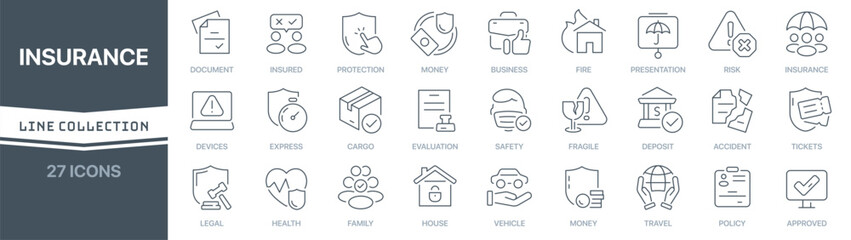 Insurance linear signed icon collection. Signed thin line icons collection. Set of insurance simple outline icons