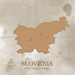 Map of Slovenia in the old style, brown graphics in retro fantasy style	