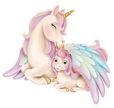 Mom and baby unicorns, cute family