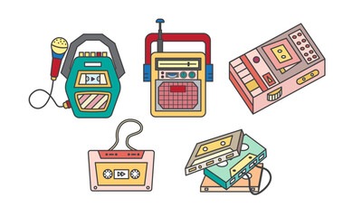 radio vintage and Cassette tape icon set. flat design cartoon adorable concept. vector, illustration.