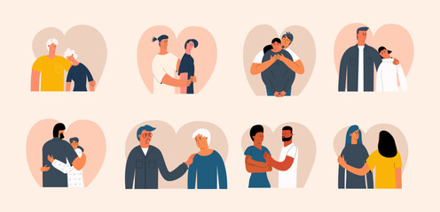 The concept of supporting close relatives, friends in difficult times. Relatives provide first aid for depression to loved ones. Vector illustration in flat style
