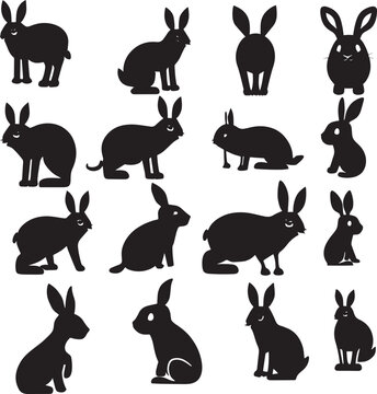 
"Vector Set Of Cute Rabbits Silhouette In Different Poses" is a collection of digital images featuring the outlines of adorable bunny rabbits in various positions. The images are created using vector