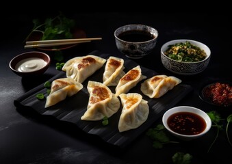 gyoza with a variety of dipping sauces and chopsticks on a black marble surface