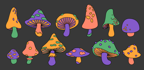 Set of stylizes hippie groovy mushrooms. Trippy psychedelic elemenst in 60s, 70s style. Kidcore rainbow tattoo stickers with funky fungus.