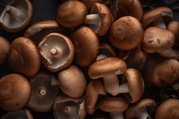 Fresh mushrooms on a wooden background seamlessly put together. Created with Generative AI Technology. 