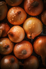 Fresh onions on a black background with water droplets adorned on the surface. Created with Generative AI Technology. 