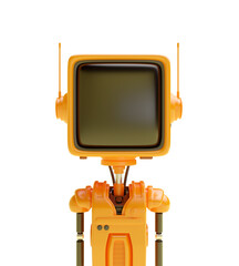 3d bright robot character with head in shape of an old retro TV or monitor in realistic cute cartoon style. Technology creative concept design portrait of friendly cyborg. Vivid render illustration.