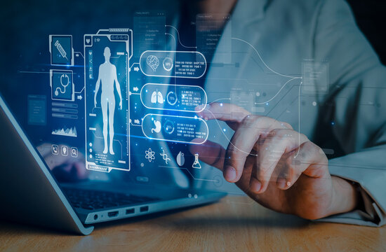 Medical technology and futuristic concept.Digital healthcare and network on modern virtual screen.Health Check with digital system support for patient with medical icon at hospital.Global health care.