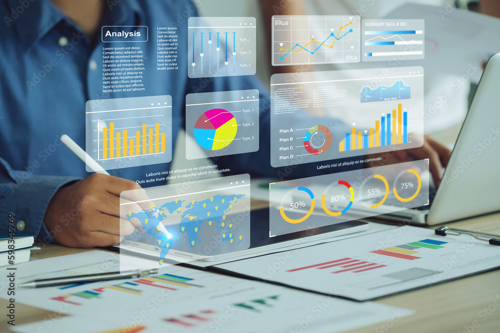 Poster two analyst works on a laptop showing data business analysis and data management system with kpi and