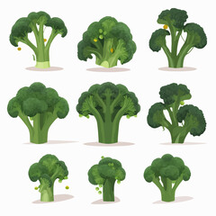 A collection of broccoli illustrations with a whimsical, fairy tale-inspired style