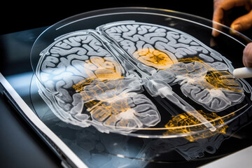 Obraz na płótnie Canvas tablet with MRI photo of the brain, hologram, Alzheimer's, brain diseases, Generative AI