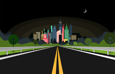 Night empty asphalt road with city on background - vector