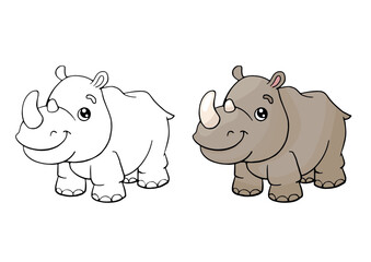 Coloring page with the image of a cute rhinoceros. Children's color draw book and activity game. Educational creative task for kids.