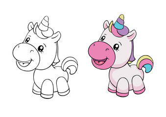 Children coloring book with an example of linear and color drawing of unicorn. Activity art game for painting drawing. Educational creative task and worksheet for kids.