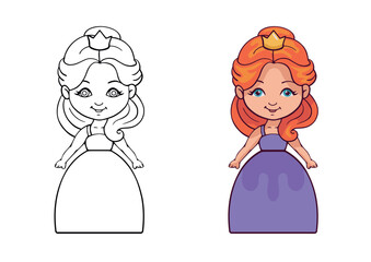 Children's coloring book with an example of linear and color drawings with a princess. Activity art game for drawing. Educational creative task and worksheet for kids.