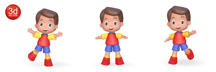 3d boys cartoon character vector illustration. Set render happy funny children isolated on white background. Collection render model kids.