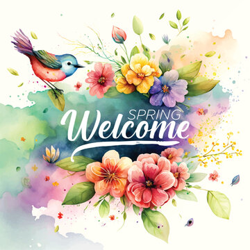 Welcome Spring watercolor paint ilustration 
