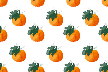 Seamless pattern with Cartoon Pumpkin. Squash endless ornament. Vector illustration. Autumn Vegetables background. Wallpaper and bed linen print. Kitchen apron design.