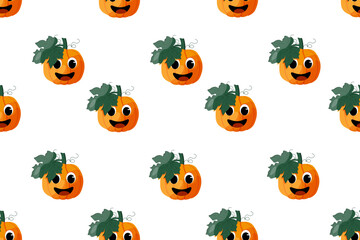 Cartoon Pumpkin with face. Seamless pattern with  Squash. Vector illustration. Autumn Vegetables background. Wallpaper and bed linen print. Kitchen apron design.