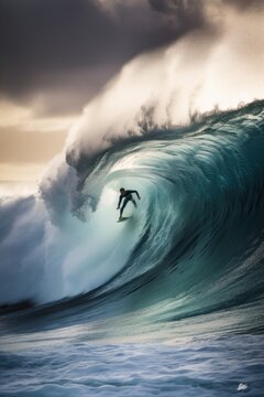 A surfer riding a large wave in the ocean. AI generative image.